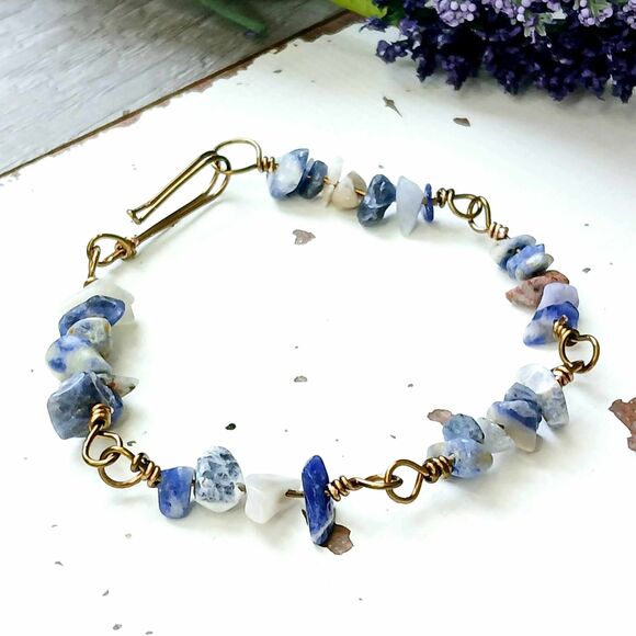 Sodalite Gemstone Bracelet, Crystal Bracelet, Bronze Jewelry, 8" - Picture 4 of 6